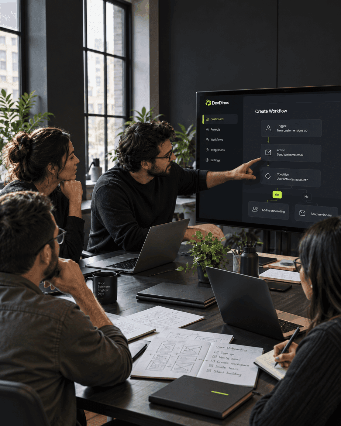 DevDinos team planning a software workflow together