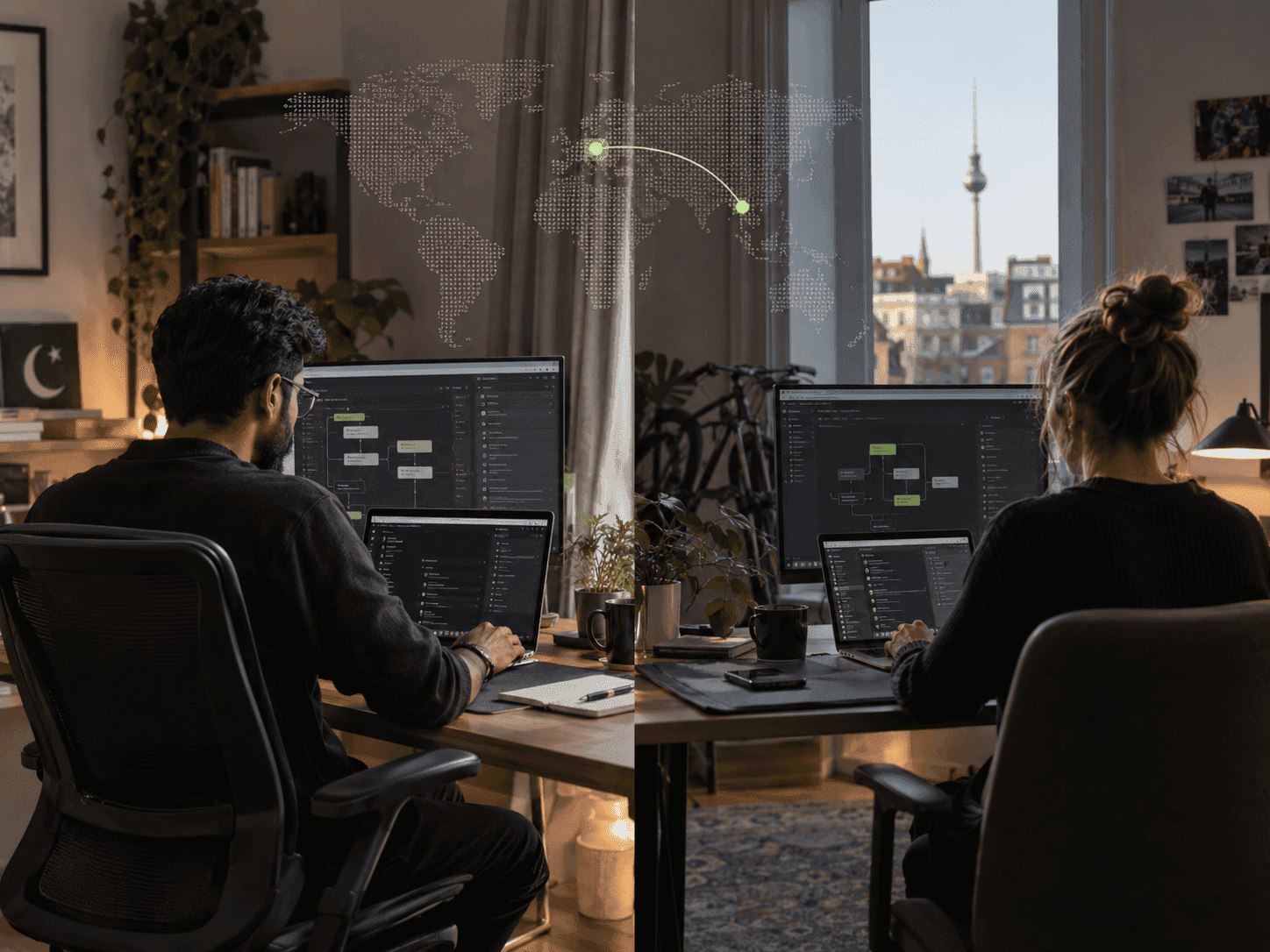 Two DevDinos team members working together at their desks